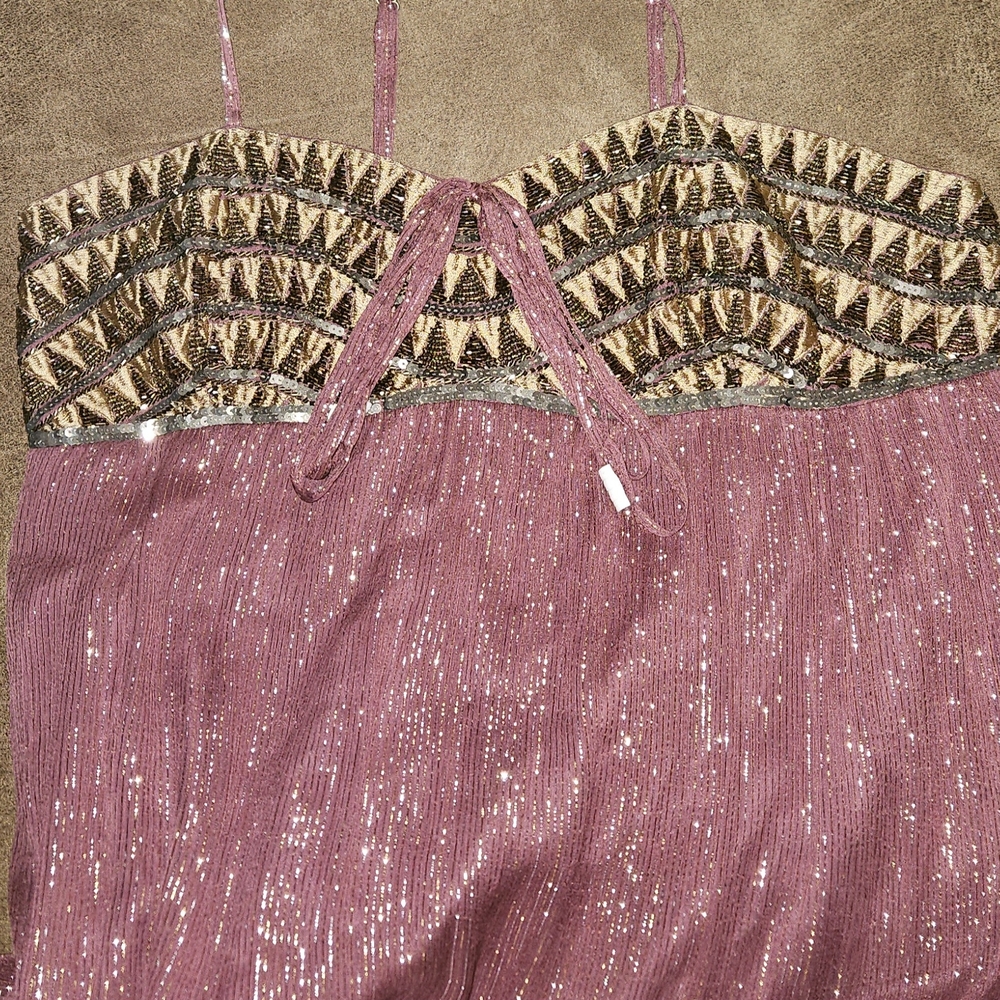 Altar'd State Pink and Gold Maxi Raga Dress with Metallic Accents